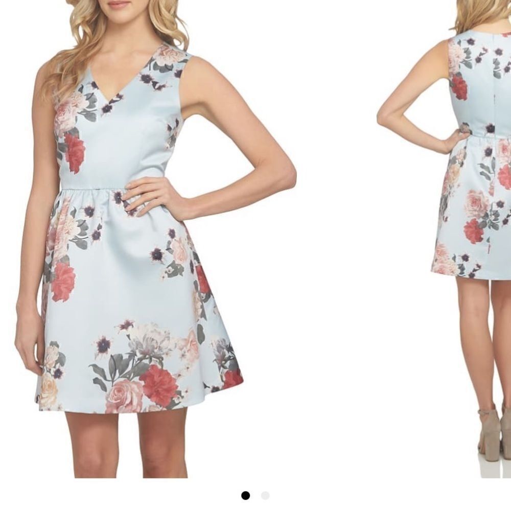 CeCe Light Blue Floral V-Neck Sleeveless Mini Dress - Picture 1 of 4